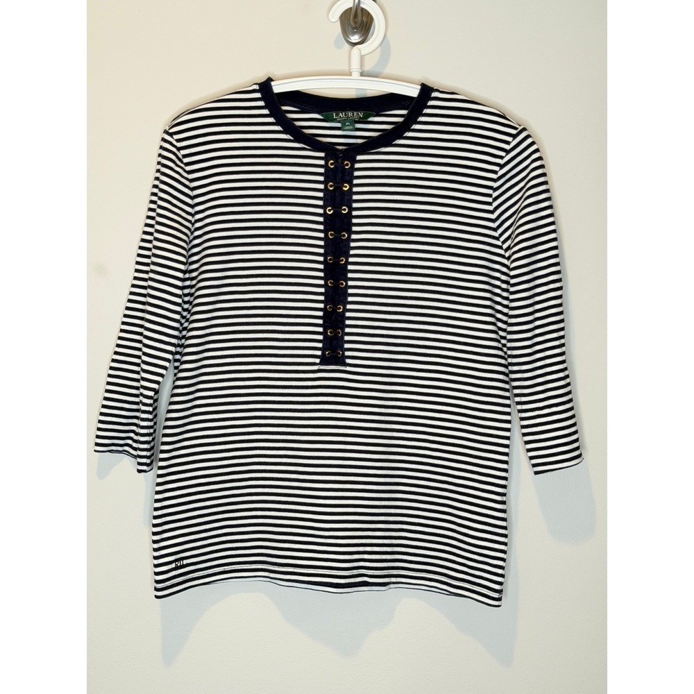 Lauren Ralph Lauren Navy White Striped Grommet Lace Up Top 3/4 Sleeve Petite L - Picture 2 of 8
